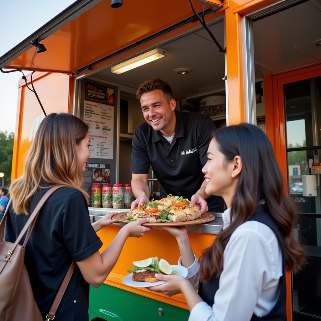 Friendly staff serving customers at Mr. Bulgogi Food Truck.