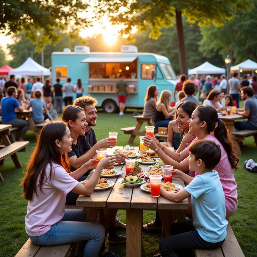 Families enjoy their meal at picnic tables at the festival