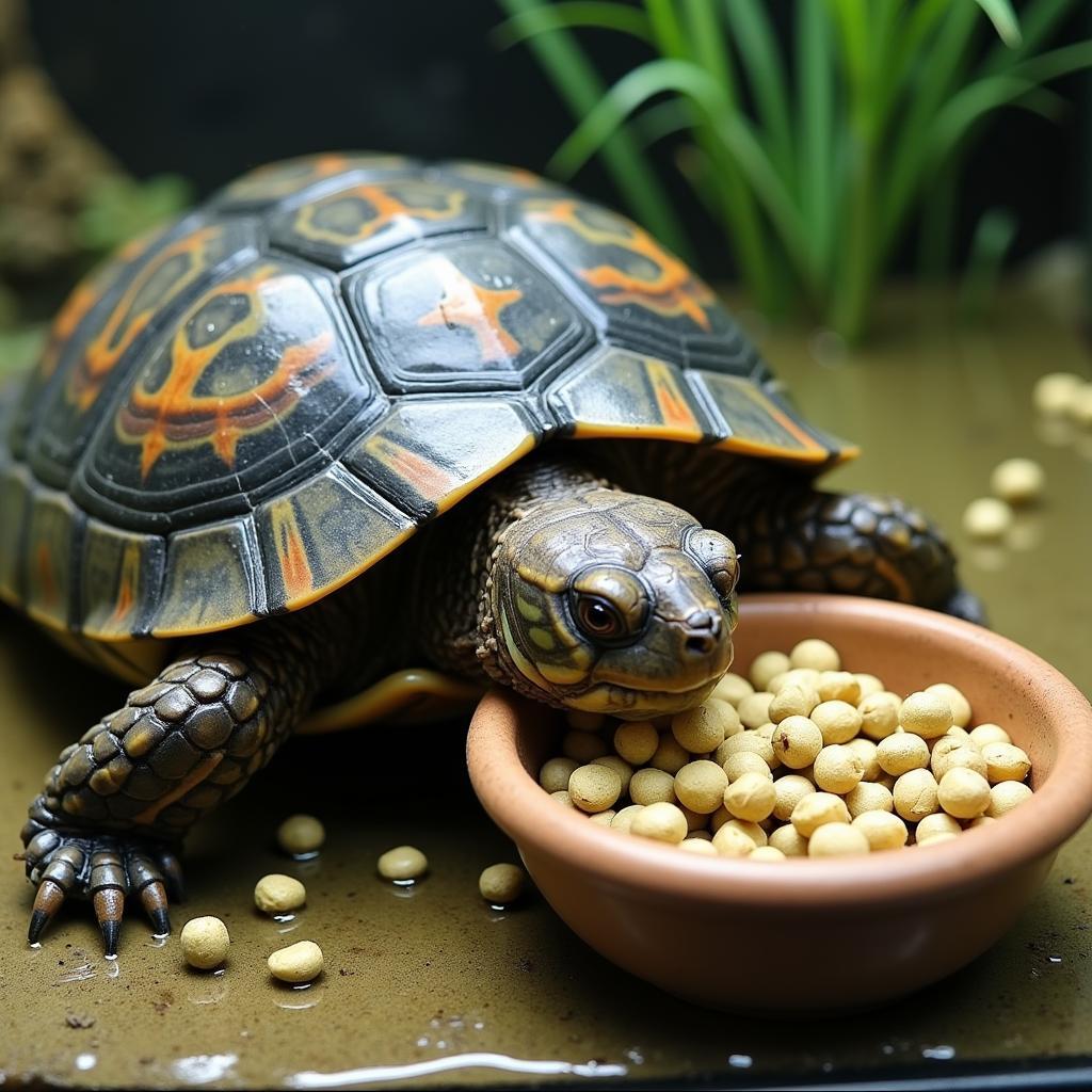 Mud turtle eating pellets from a bowl