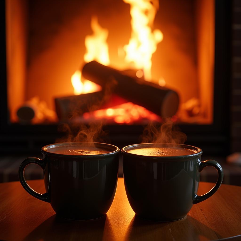 Two mugs of hot chocolate placed near a cozy fireplace.