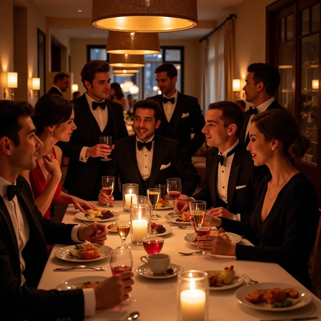 Murder mystery party guests enjoying food and drinks