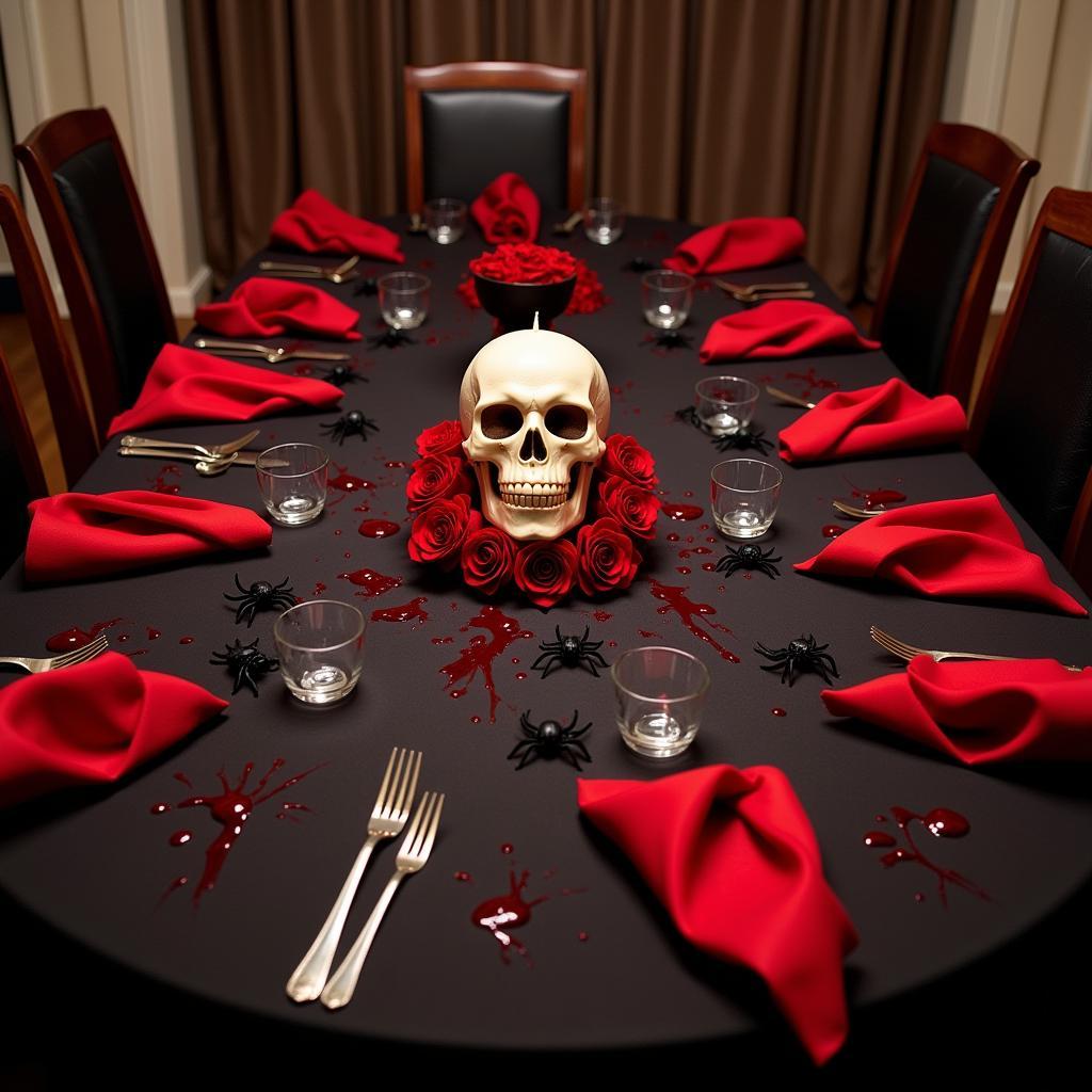 Murder Mystery Table Setting with Themed Decorations