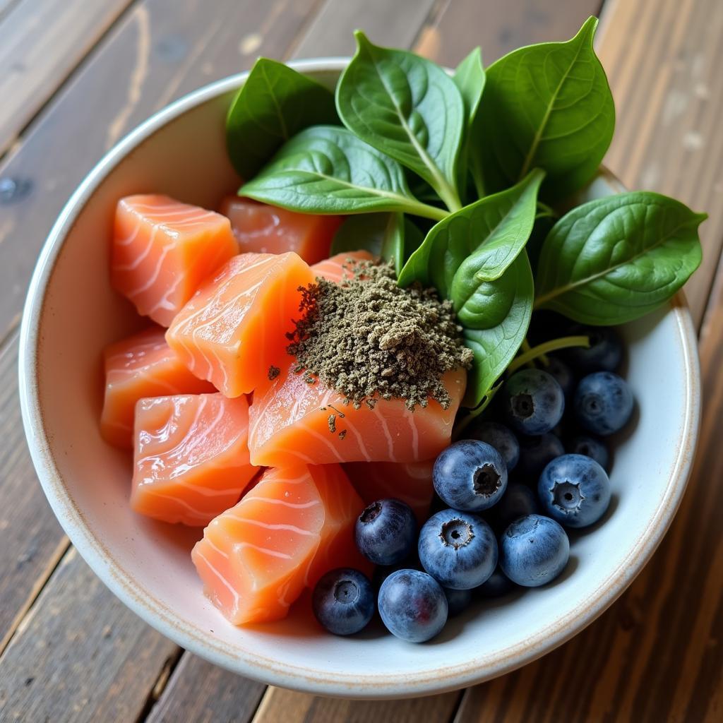 Bowl of natural cat food ingredients