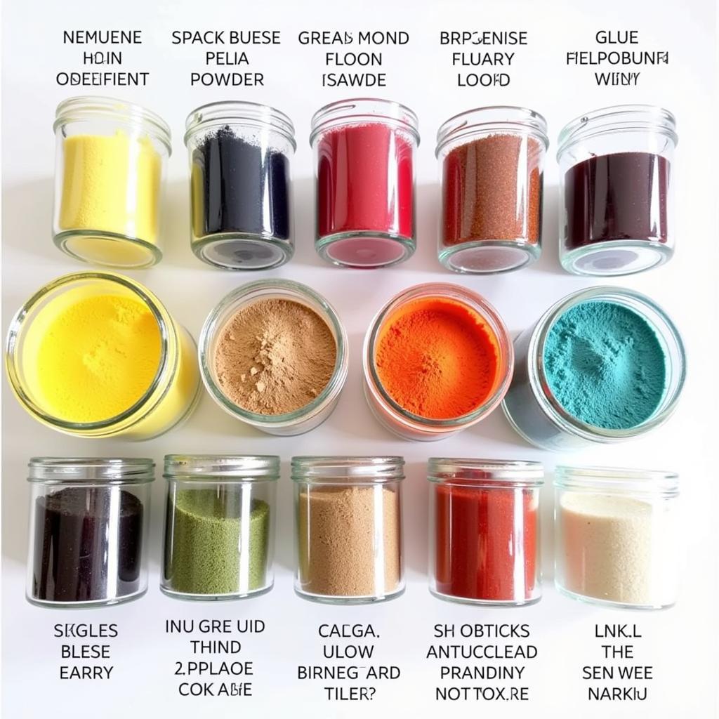 Variety of labelled natural food colouring powders in jars