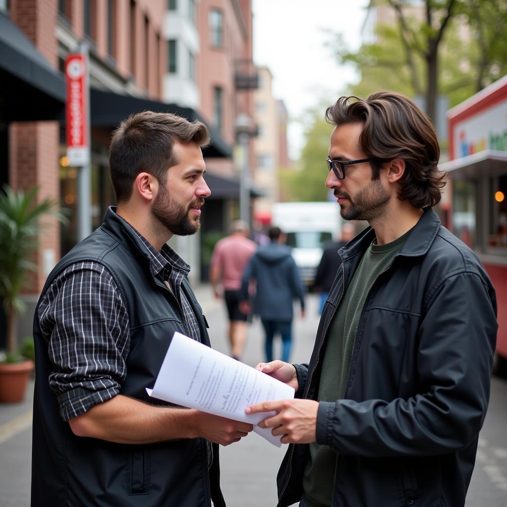 Food truck owner and property owner discussing a lease agreement