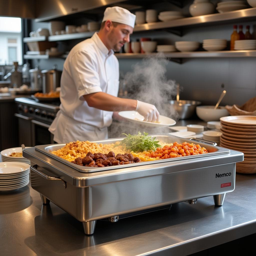 Commercial Nemco Food Warmer in a bustling restaurant kitchen