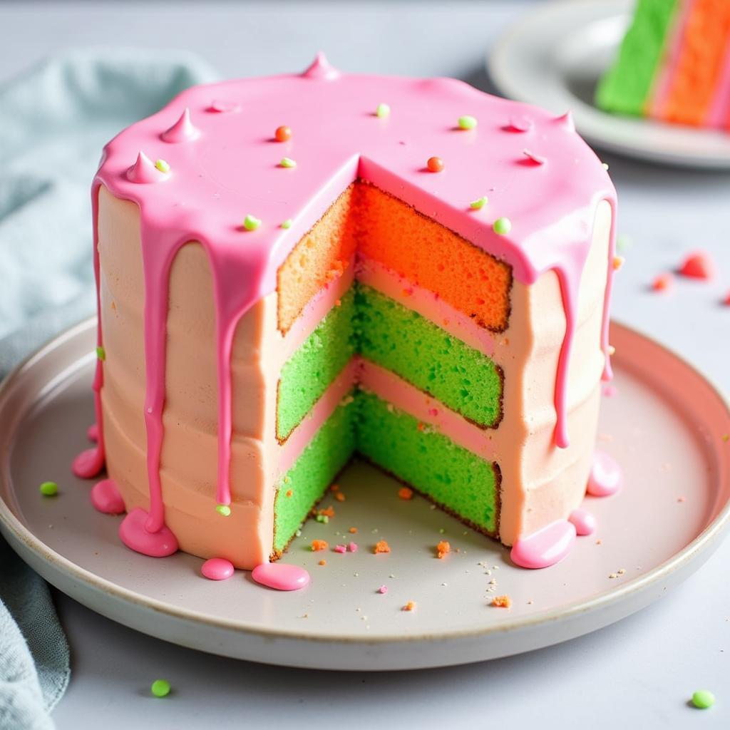 Slices of a vibrant neon cake