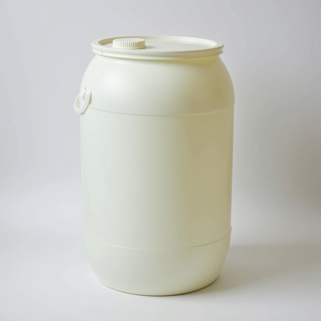 A brand new food grade plastic barrel with a securely fastened lid