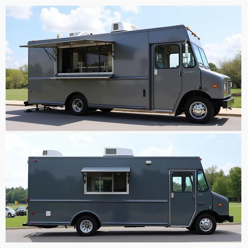 Side-by-side comparison of a new and used food truck