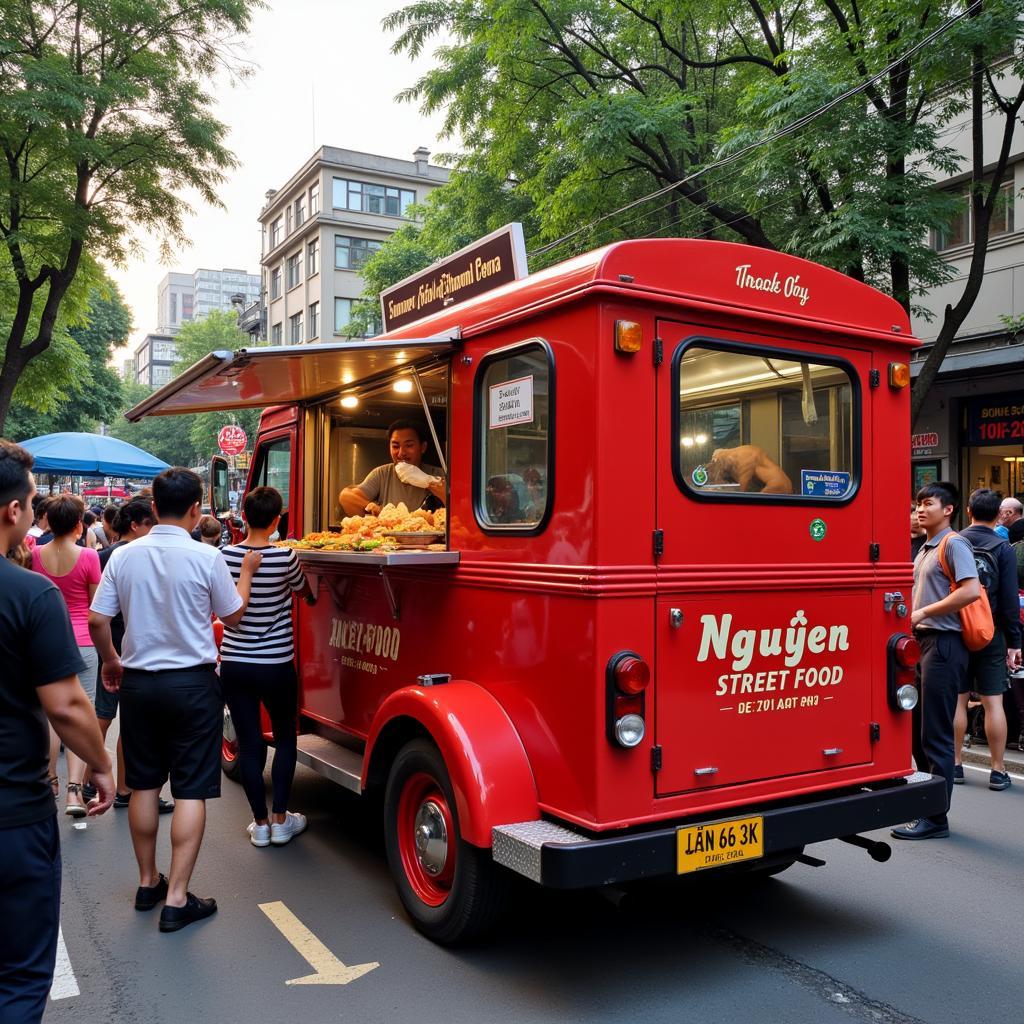 Nguyen street food truck parked in a bustling Hanoi street