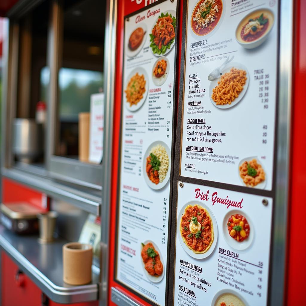 Close-up of a food truck menu with various options.