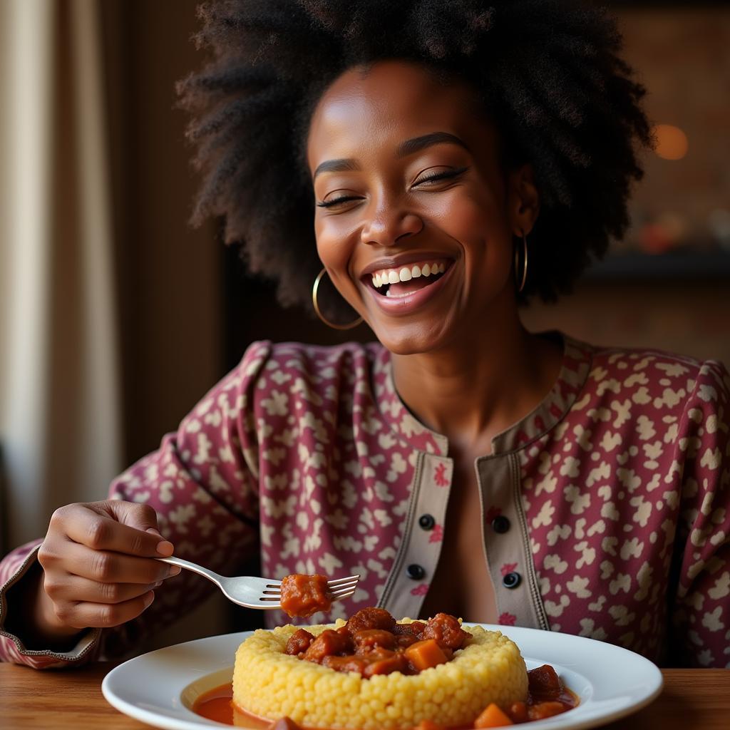 Nigerian woman enjoying a plate of ponmo stew