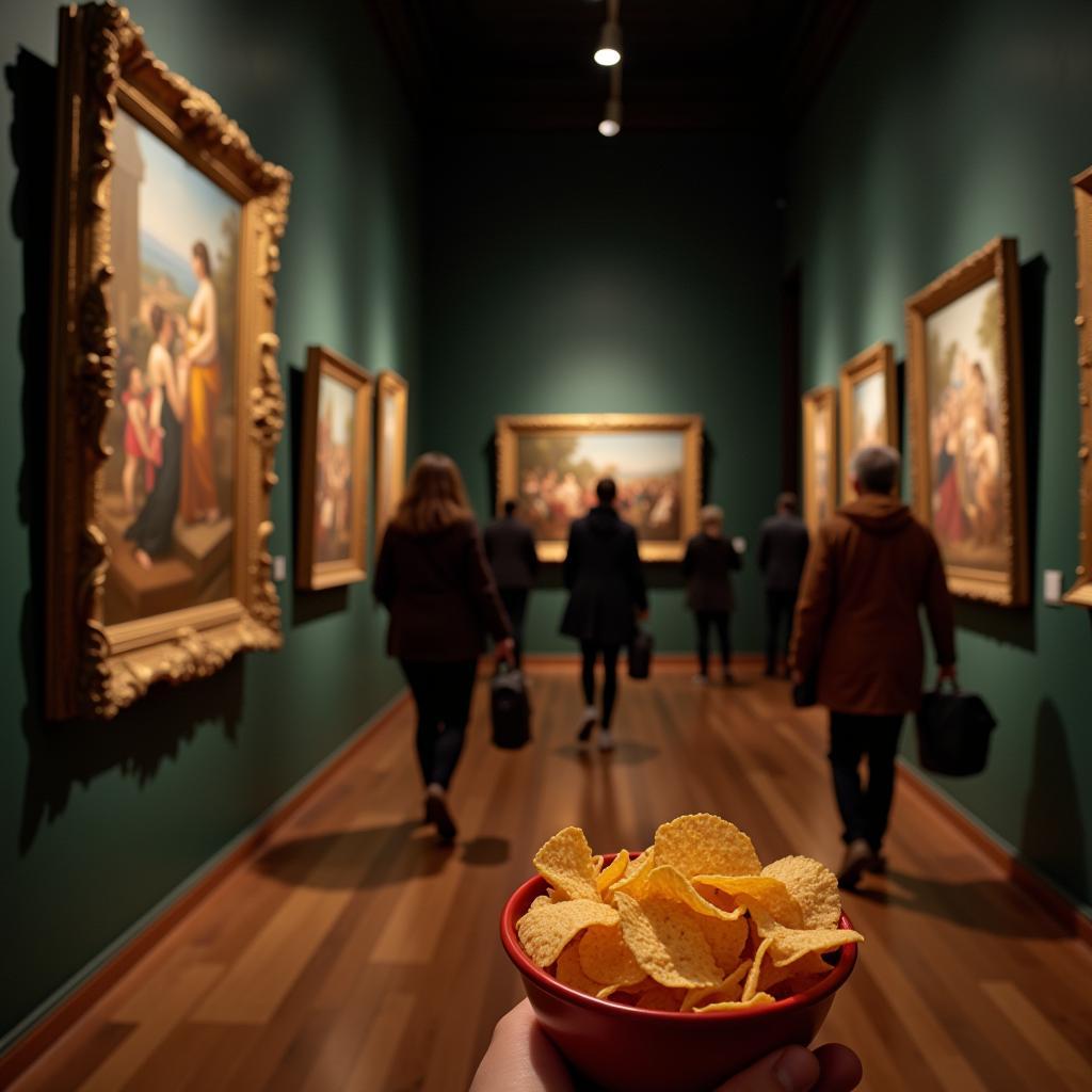 Visitors admiring artwork in a museum with a prominent "No Food and Drinks Allowed" sign