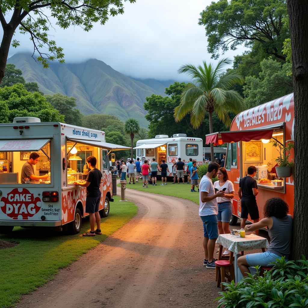 A bustling food truck park on Oahu's North Shore with colorful trucks and people enjoying the food and atmosphere.