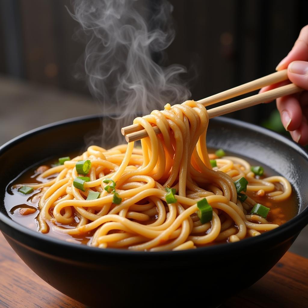 Steaming bowl of Chinese noodles with chopsticks