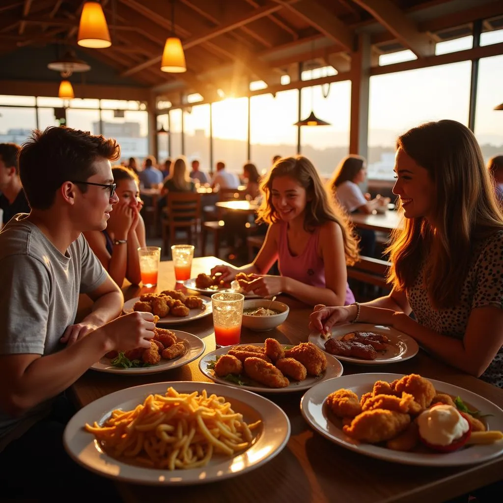 Family enjoying a meal at a beachfront restaurant