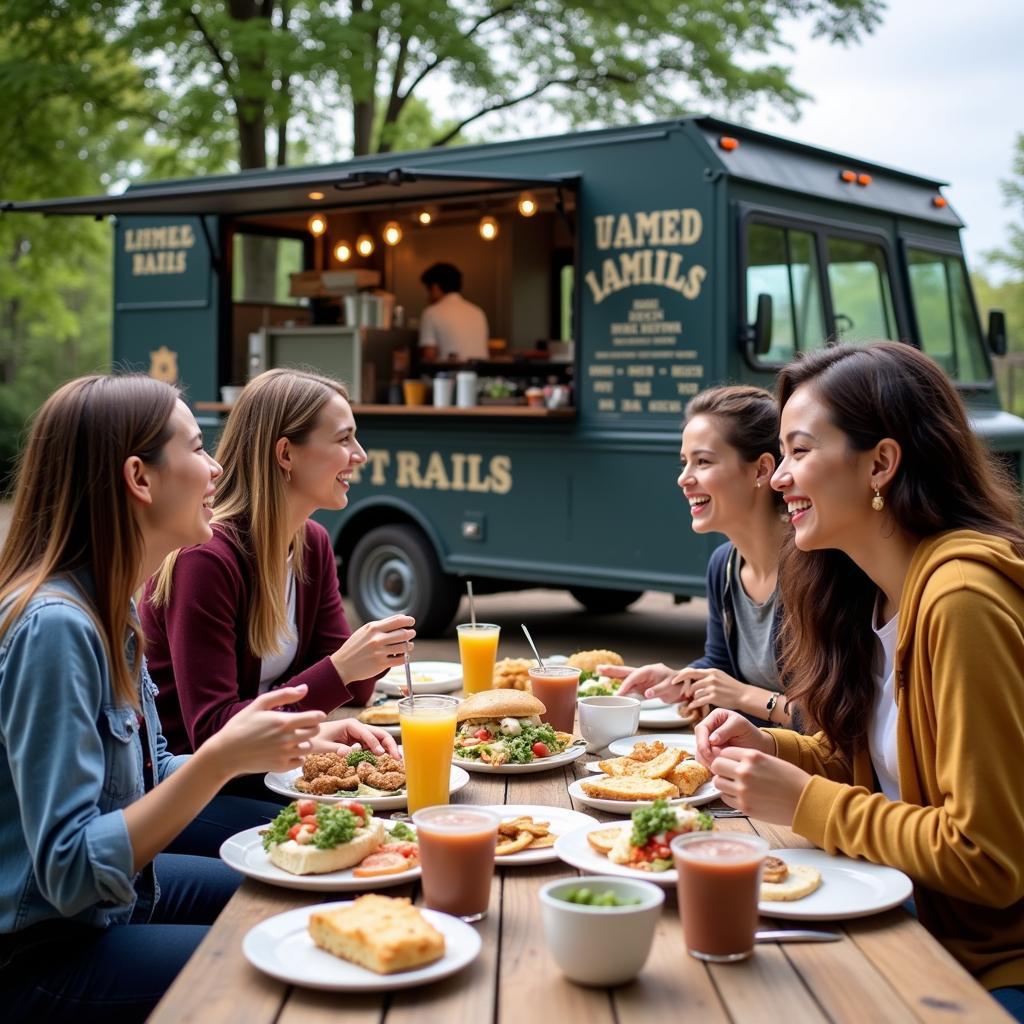 People enjoying food from the Off the Rails Food Truck at a local park