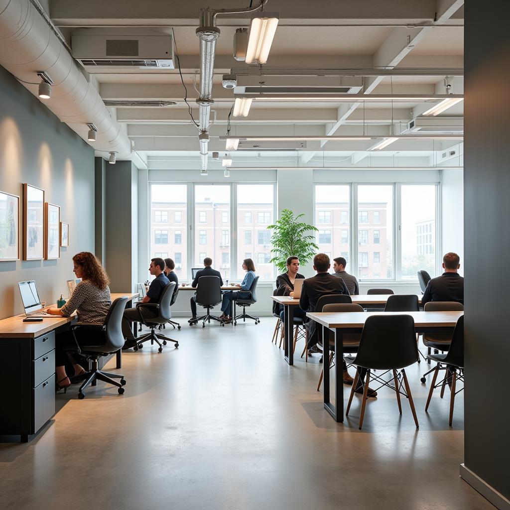  A bustling office break room with employees enjoying lunch at designated tables.