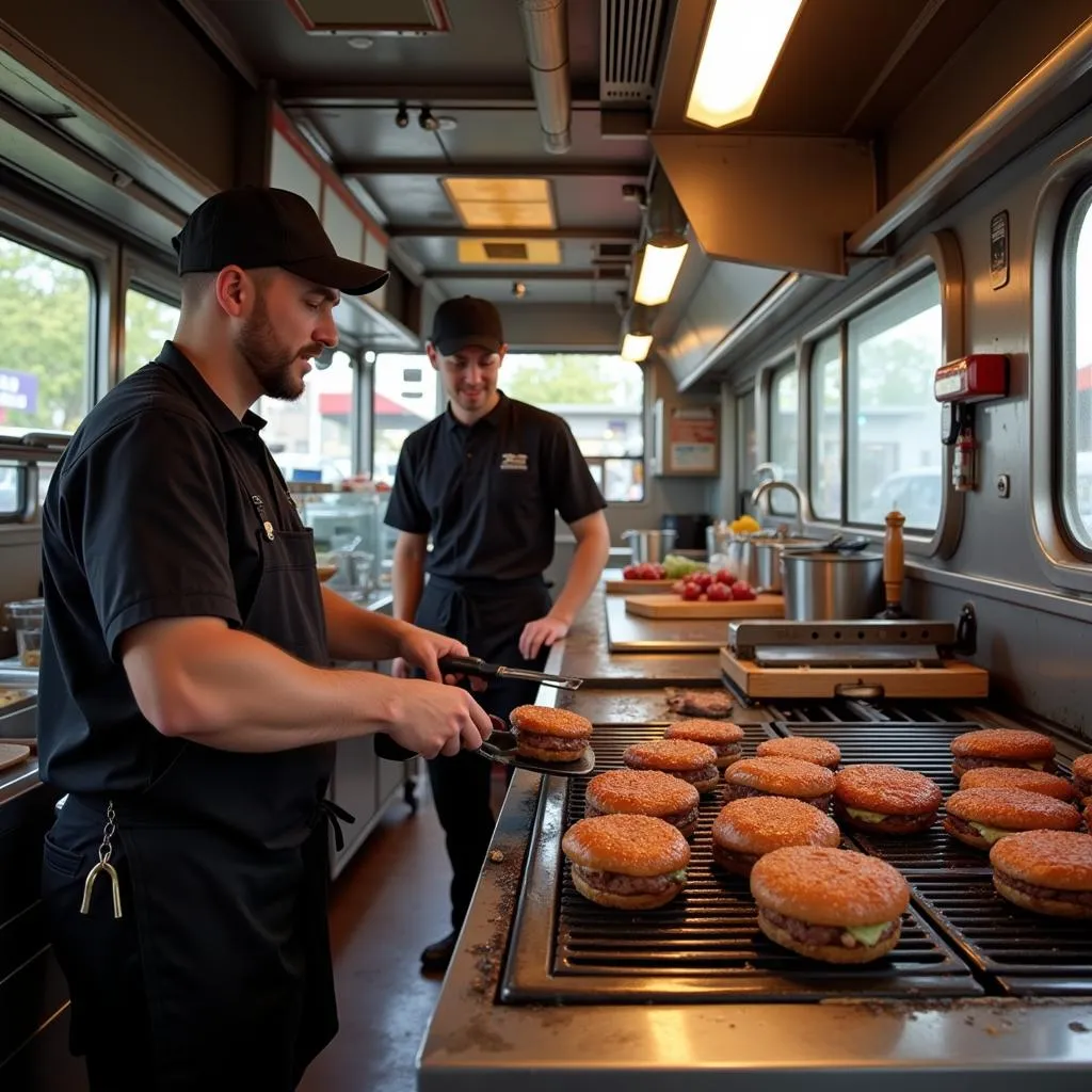 Interior of an OKC food truck with a chef cooking