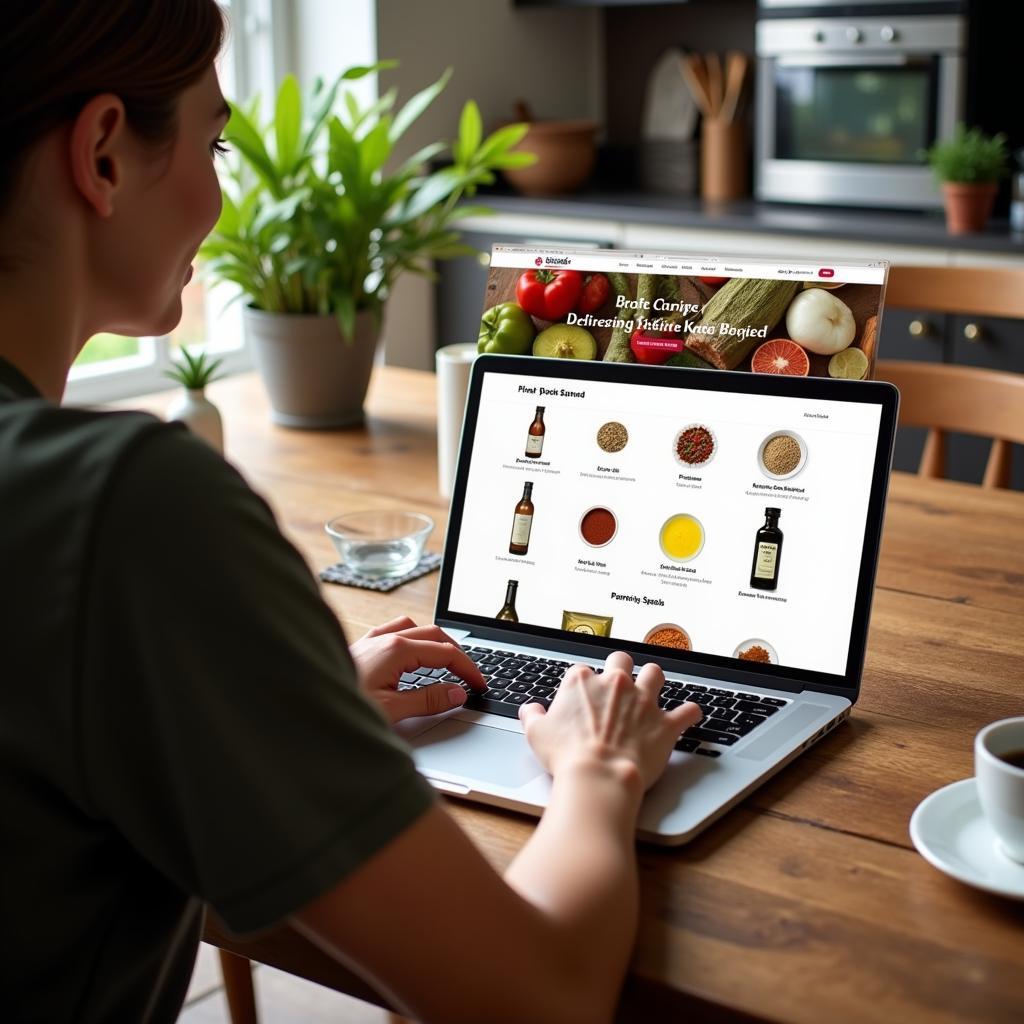 A person browsing Mediterranean food products on their laptop, with a shopping cart icon on the screen.