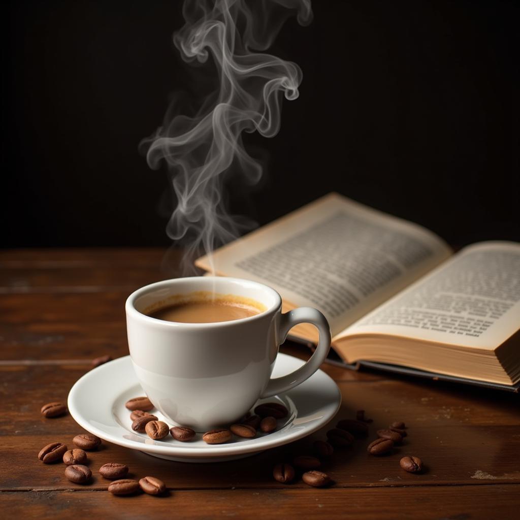  An open book with a steaming cup of coffee resting on top 