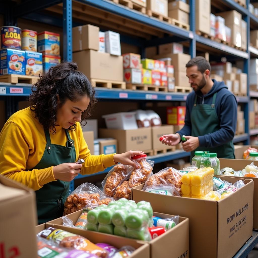 Volunteers and staff organizing donated food items at Open Doors Food Bank