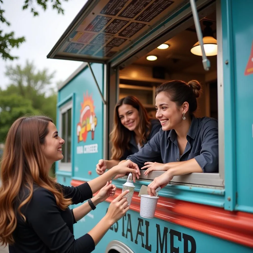 Customers ordering food from a food truck with friendly staff