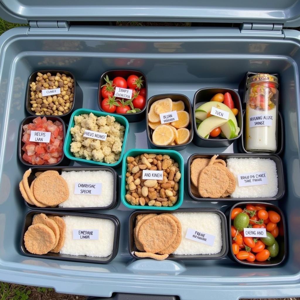  Camping food containers neatly arranged in a cooler for a camping trip.