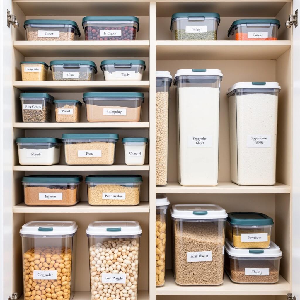 An Organized Pantry with Labeled Heavy Duty Food Storage Containers