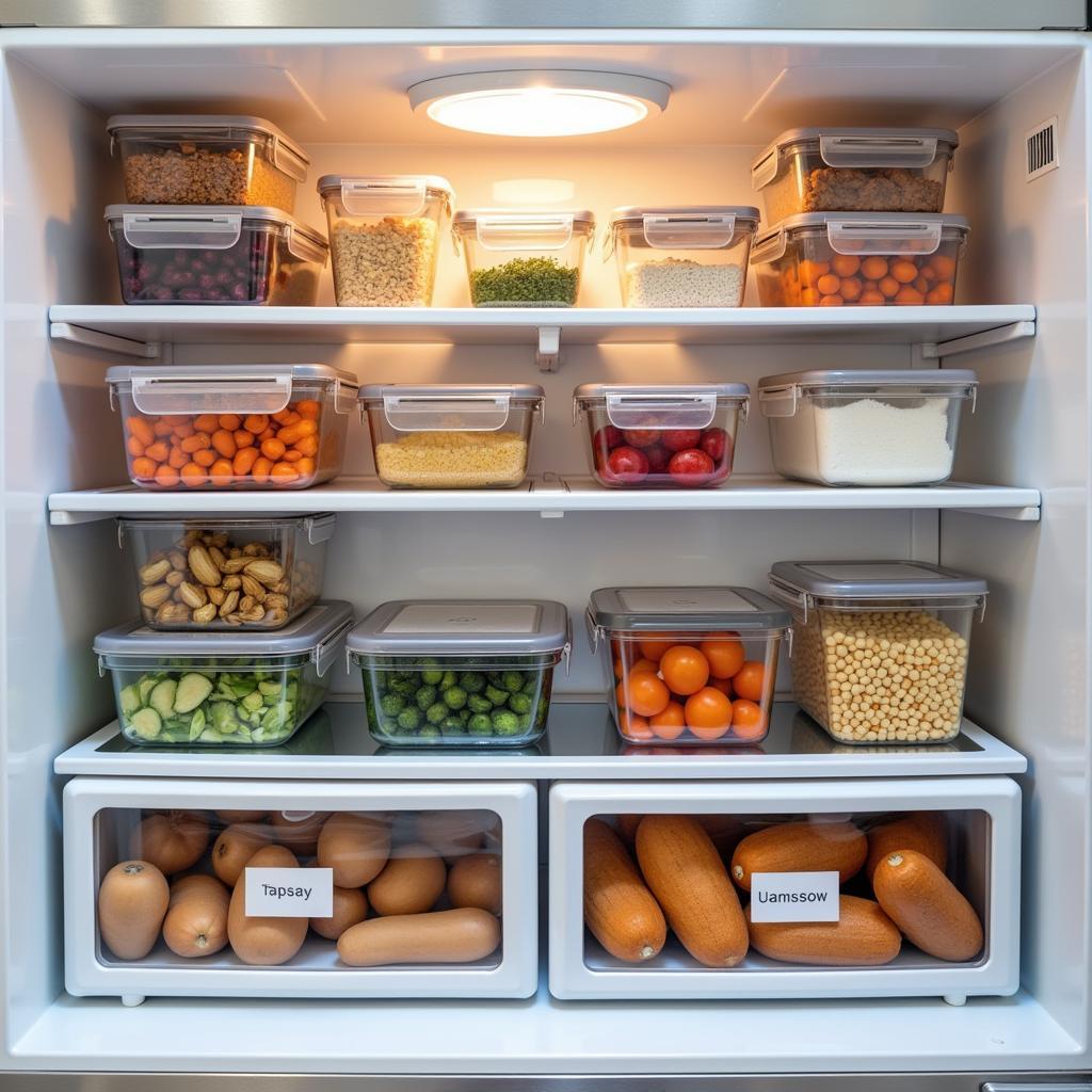  A well-organized refrigerator with neatly labeled containers of prepped meals and ingredients.