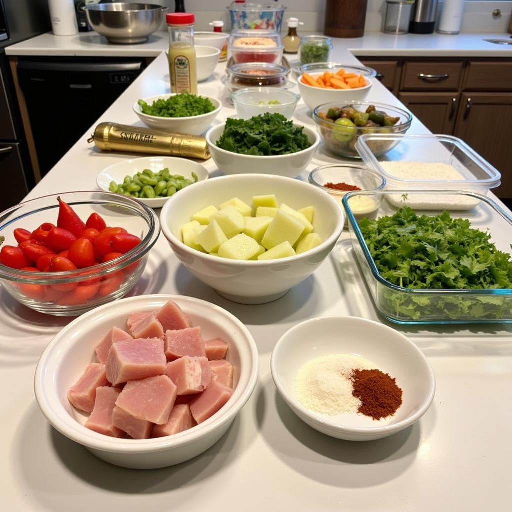 Mise en place in action for a large meal preparation