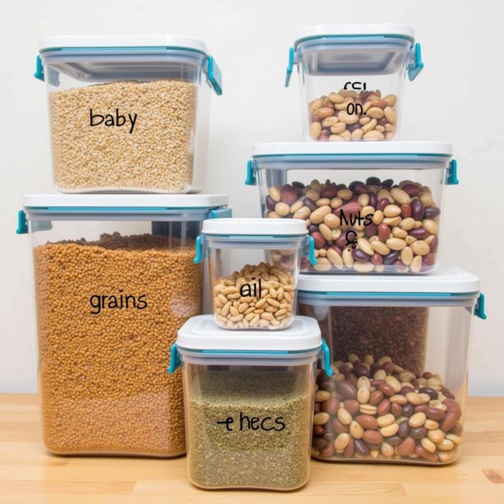 Organizing food supplies in airtight containers for a vegan survival kit.