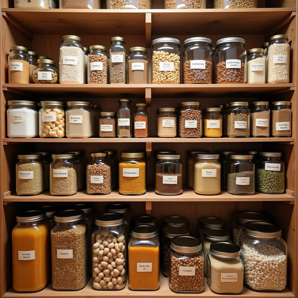 A well-organized survival pantry with labeled shelves and containers