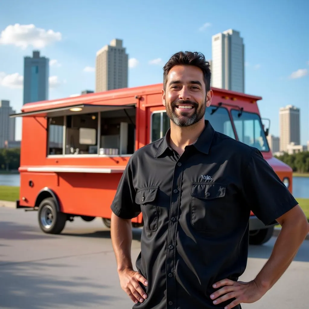 Successful food truck owner smiling proudly in front of their business in Orlando, Florida