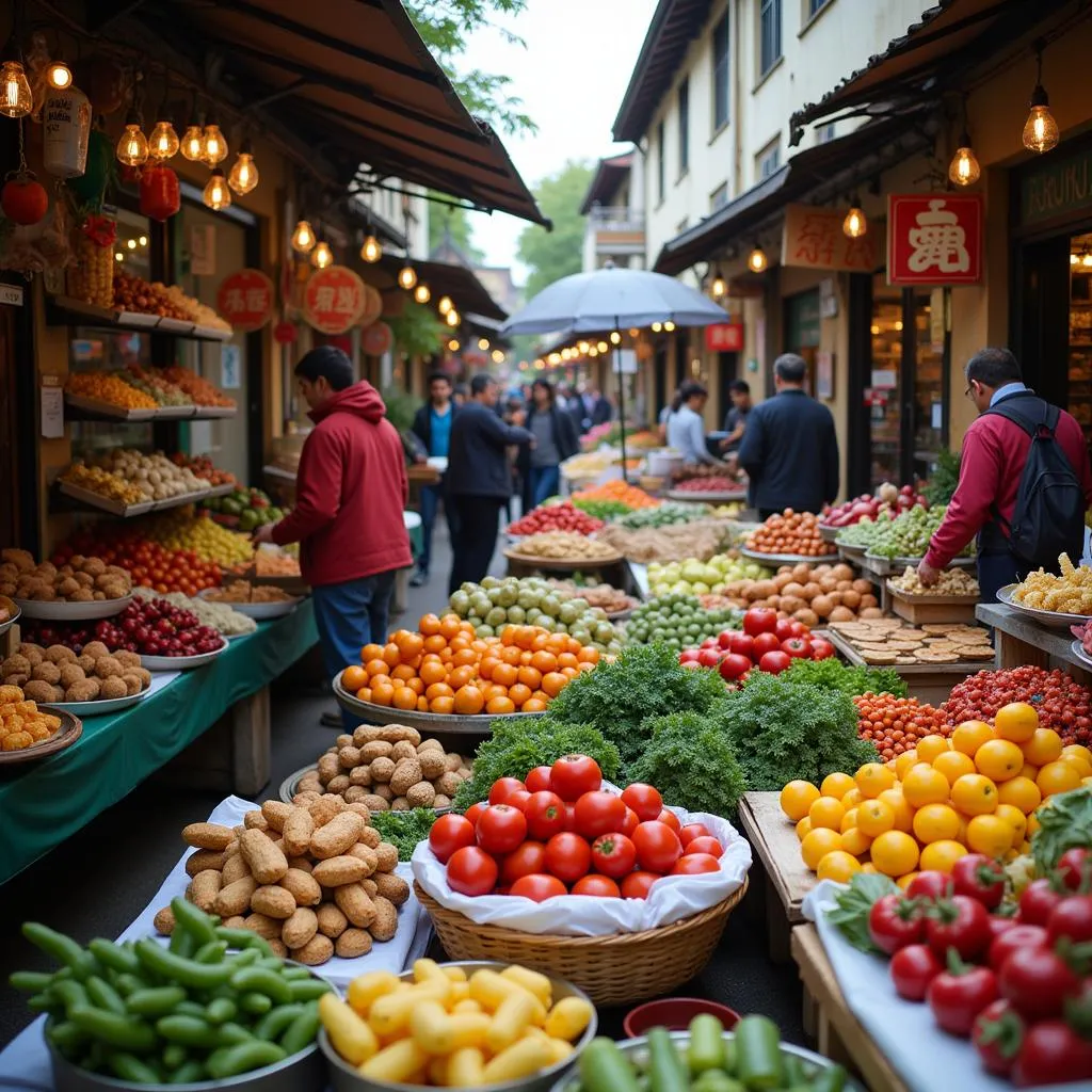 A bustling Osborn food market with vendors selling fresh produce