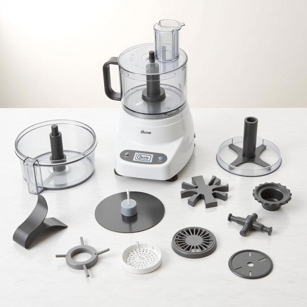 Oster food processor parts laid out on a countertop.