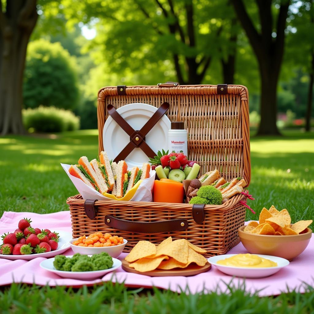 Picnic basket filled with various handy foods