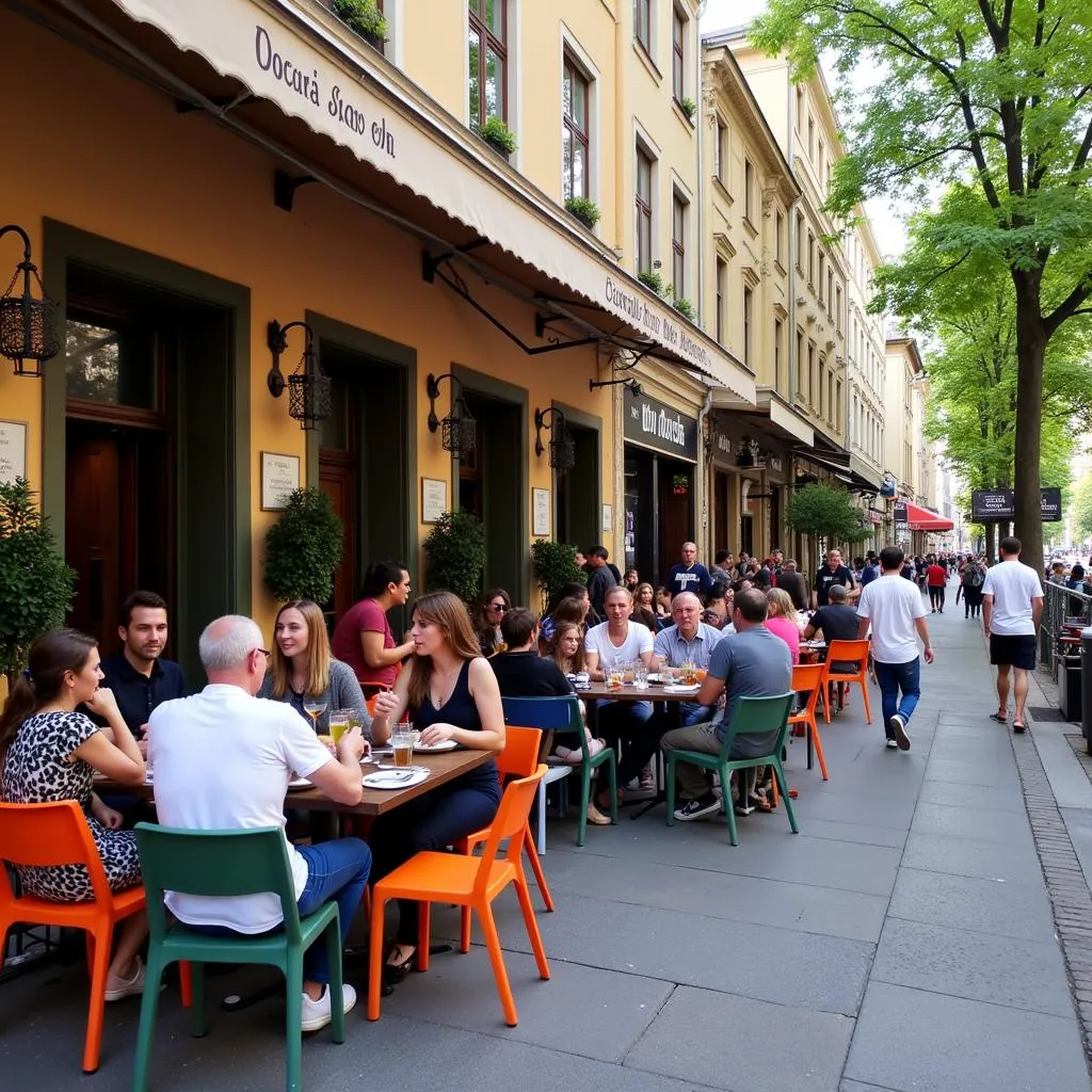 Outdoor cafe in Budapest with people enjoying drinks and snacks