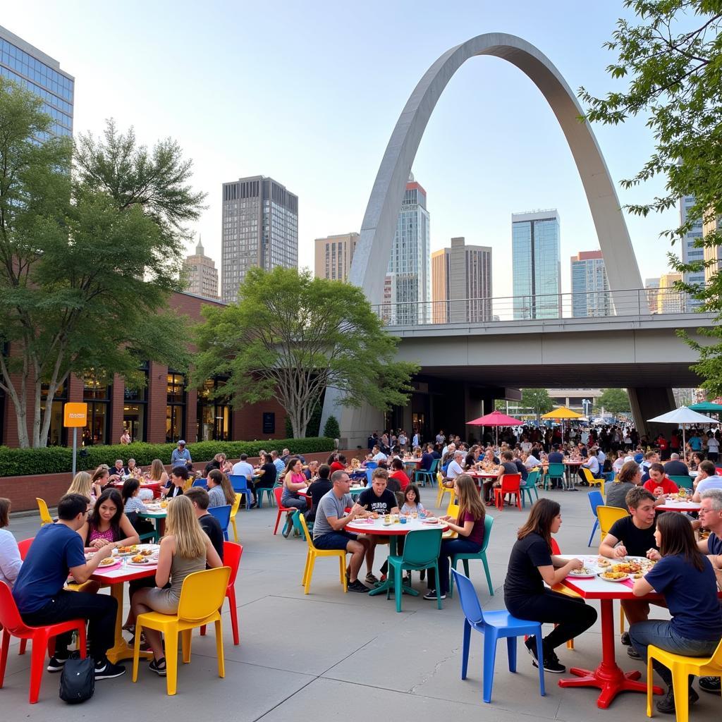 People enjoying outdoor dining at the Gallivan Center.