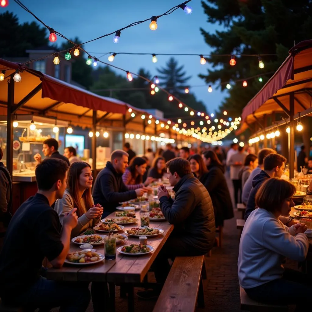 Outdoor food market illuminated with string lights, showcasing the importance of atmosphere in backdrop food