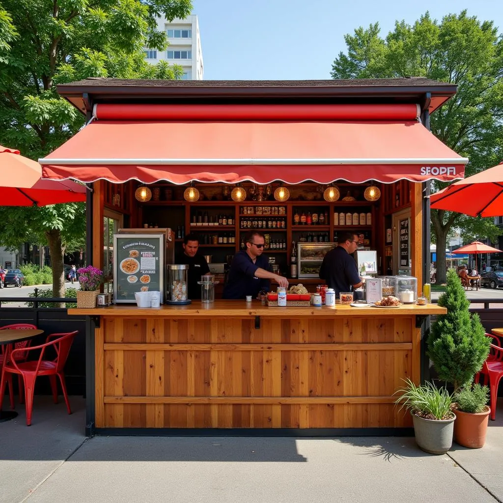 Outdoor food shop setup with wooden counter and awning.