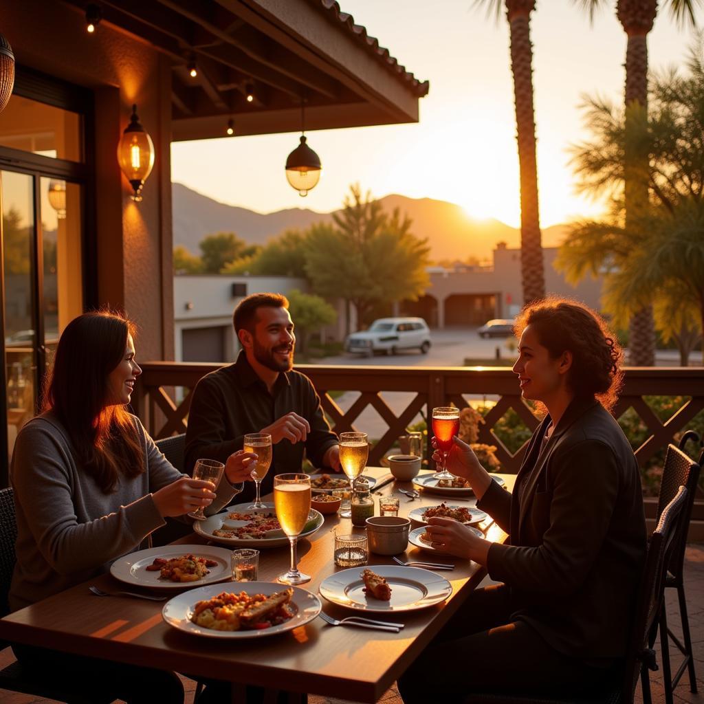 Diners enjoying a meal together at an outdoor patio of a kosher restaurant in Phoenix