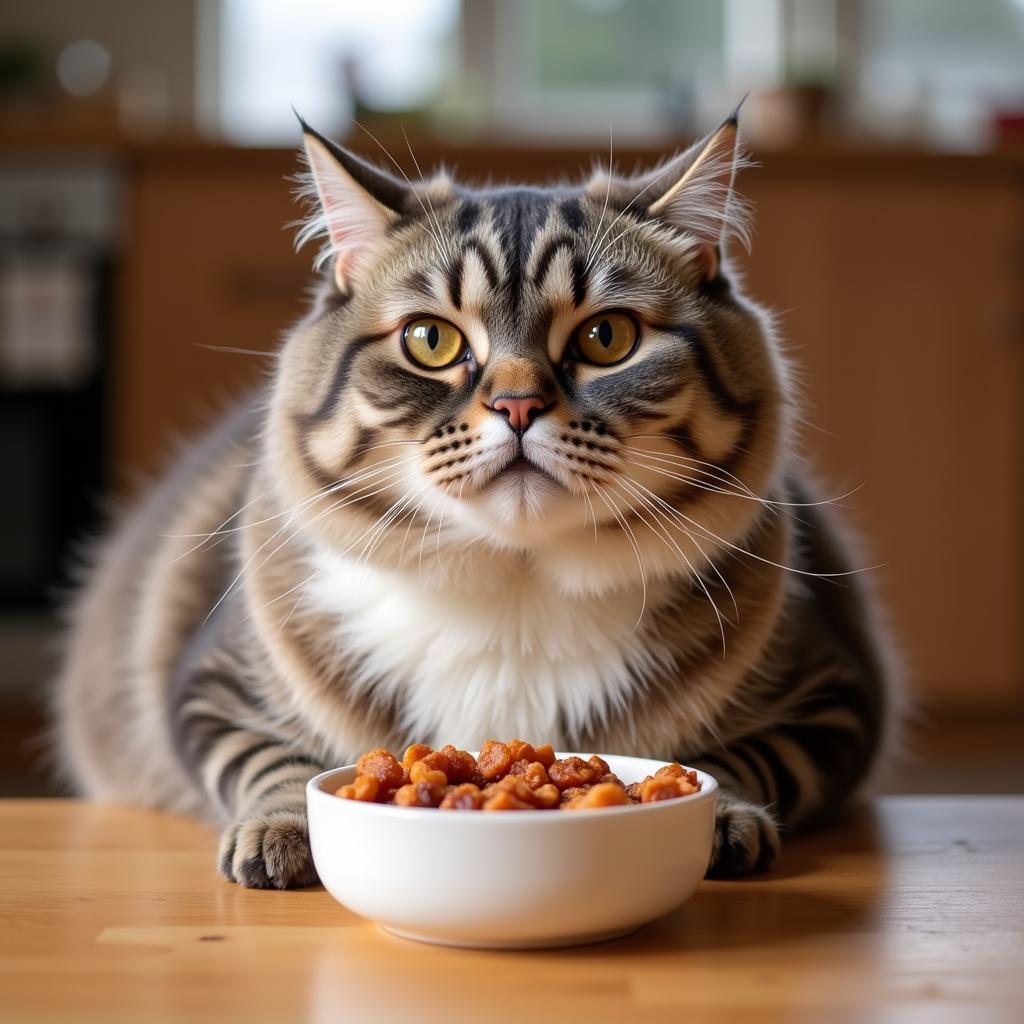 An overweight cat sitting next to a food bowl