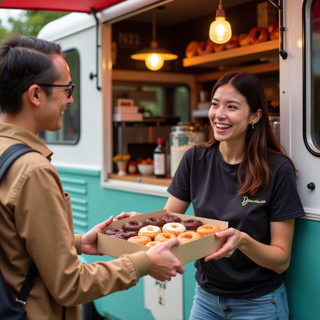 Mini Donut Food Truck Owner Serving a Happy Customer