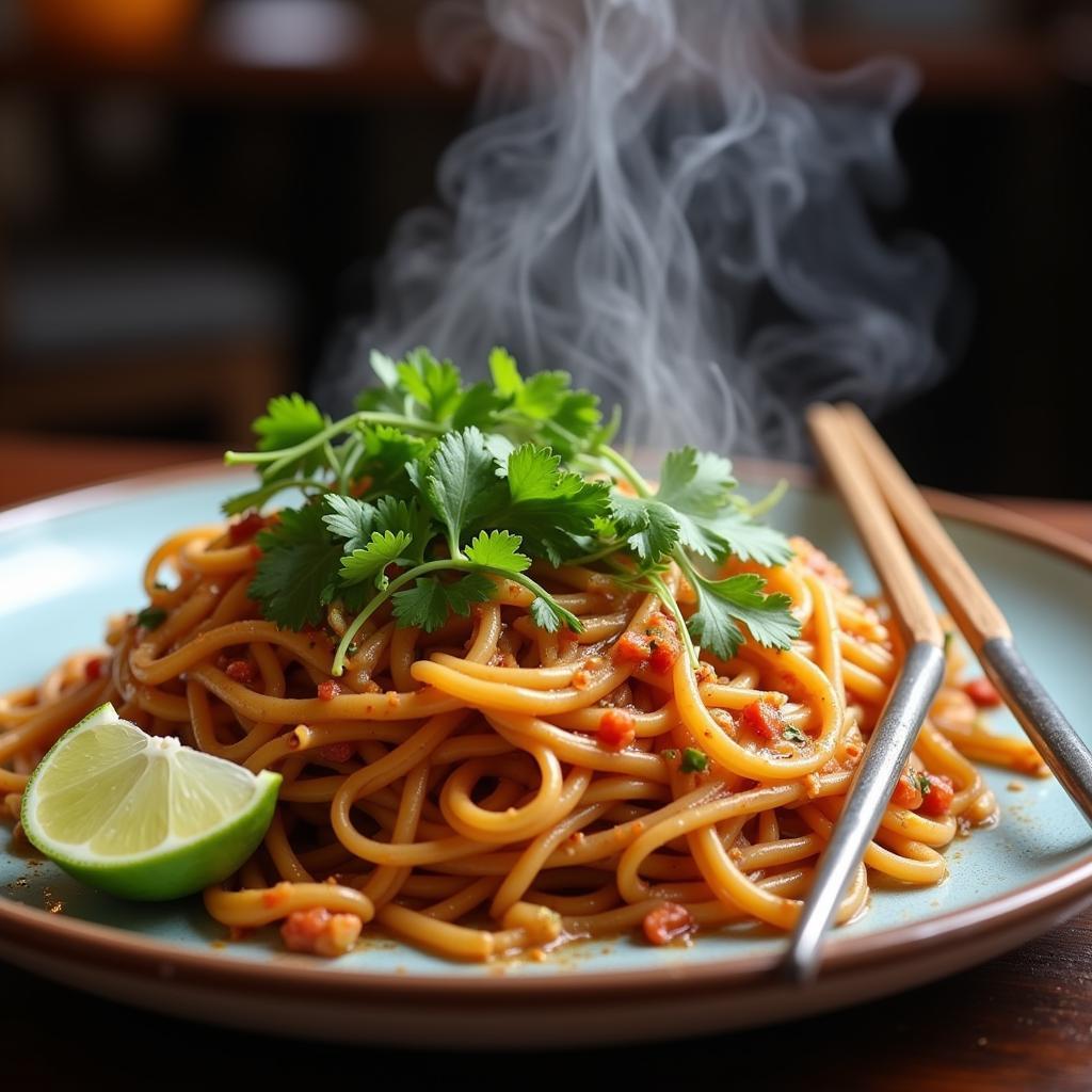 Plate of Pad Thai with chopsticks