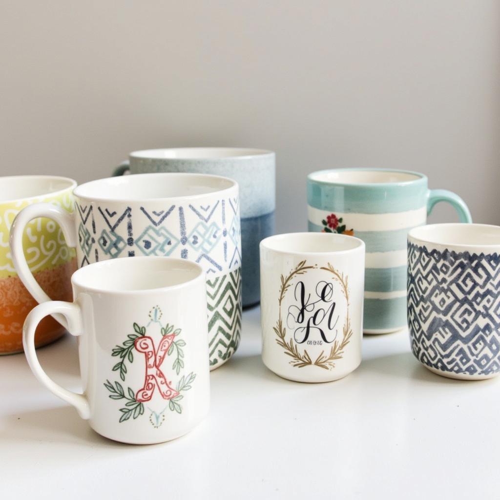 Ceramic mugs with personalized designs, including names, initials, and patterns.