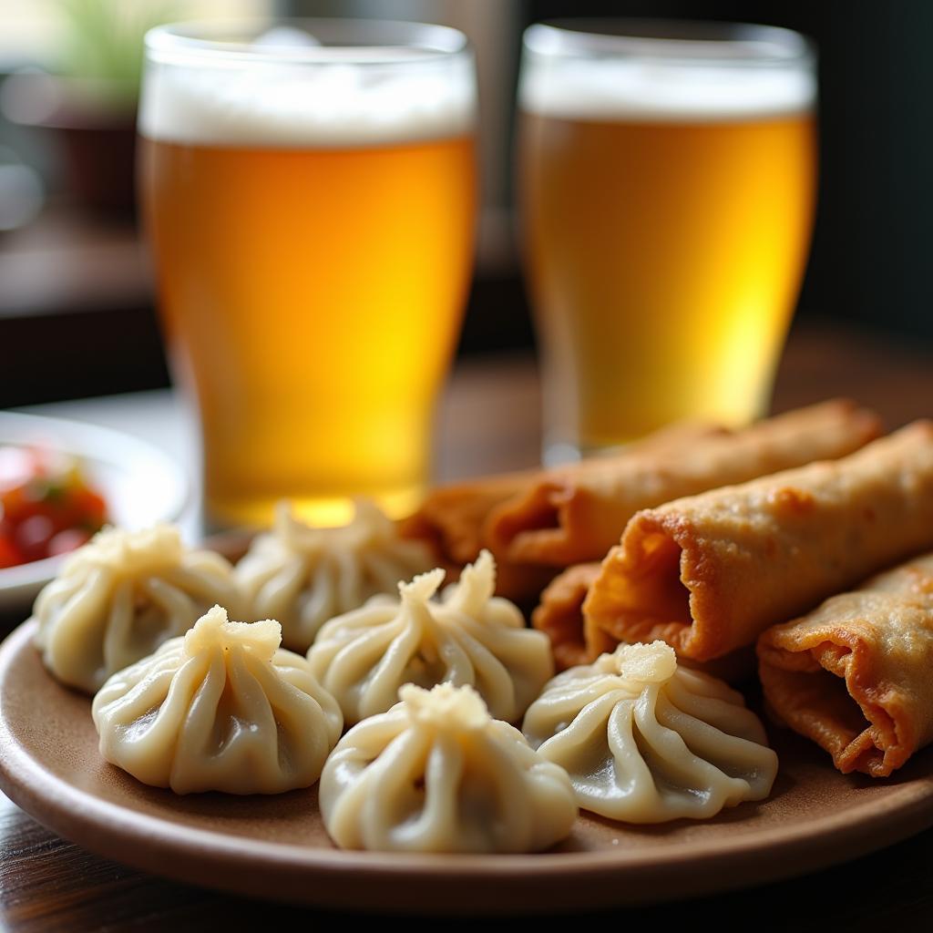 Glasses of light beers next to plates of dumplings and spring rolls