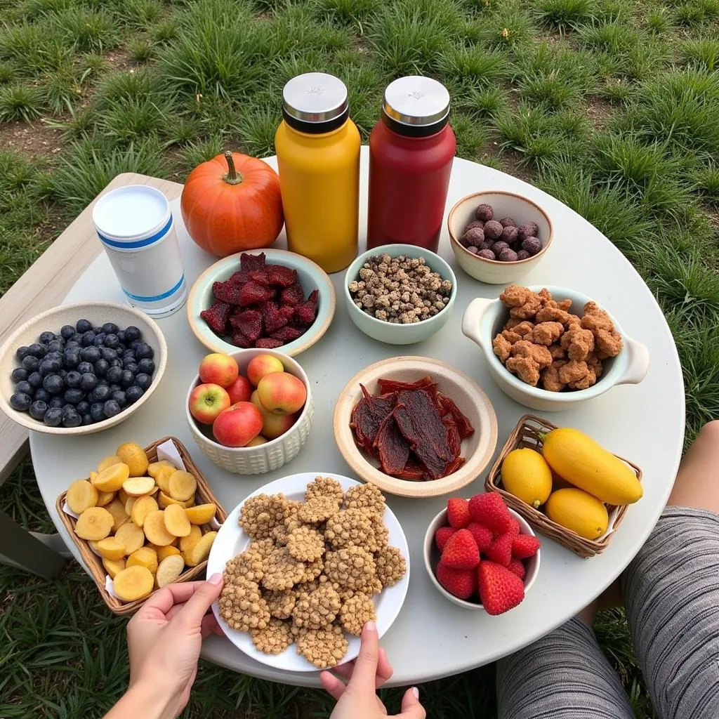 A variety of paleo-friendly camping snacks and water bottles.