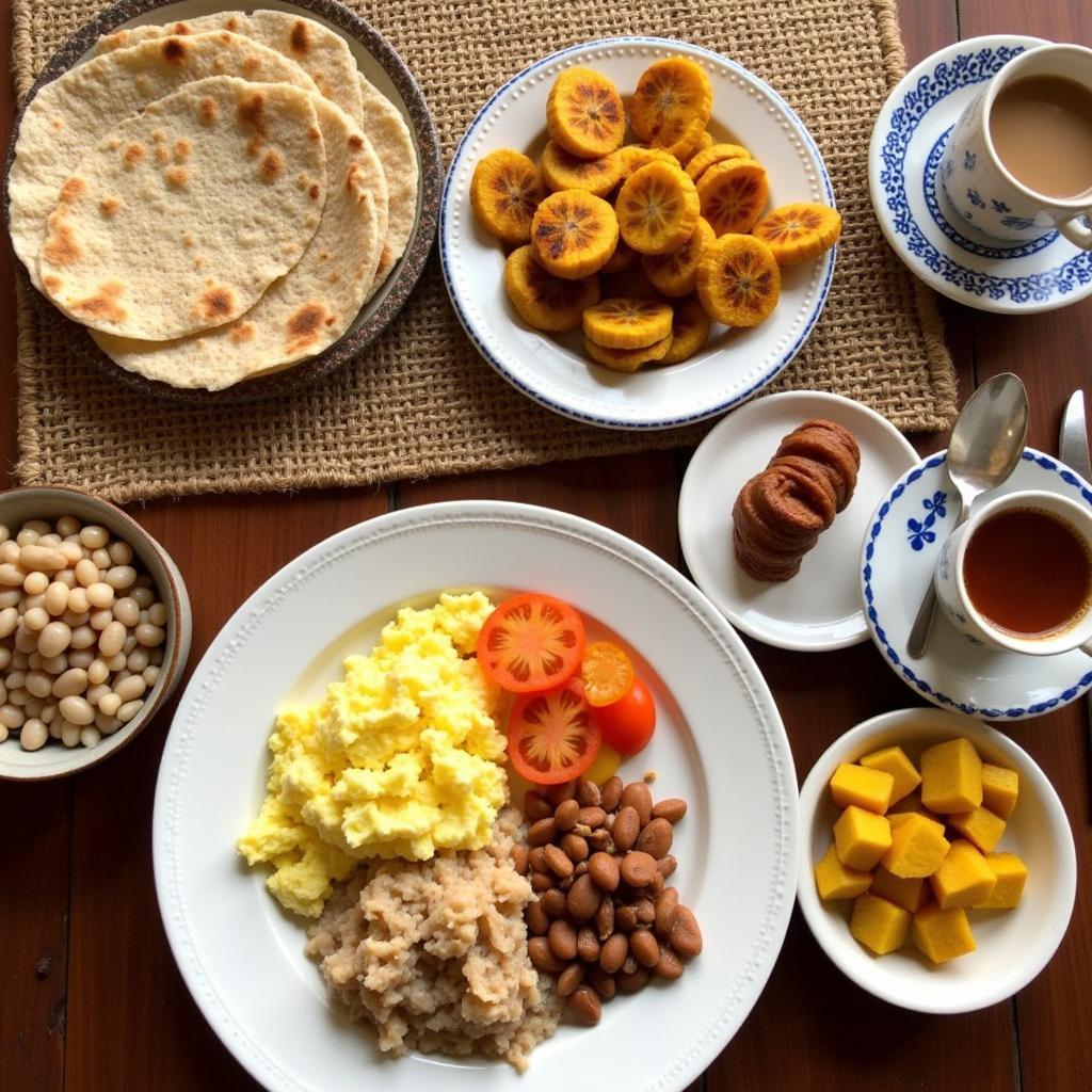 A colorful Panamanian breakfast spread