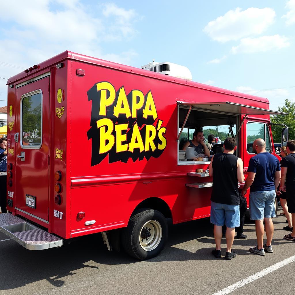 Papa Bear's Food Truck parked at a local food festival, attracting a large crowd with its vibrant design and mouthwatering menu.